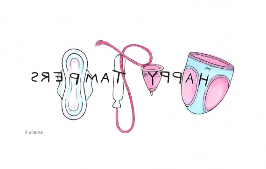 导致快乐 logo depicting a pad, tampon, menstrual cup, 和 underwear